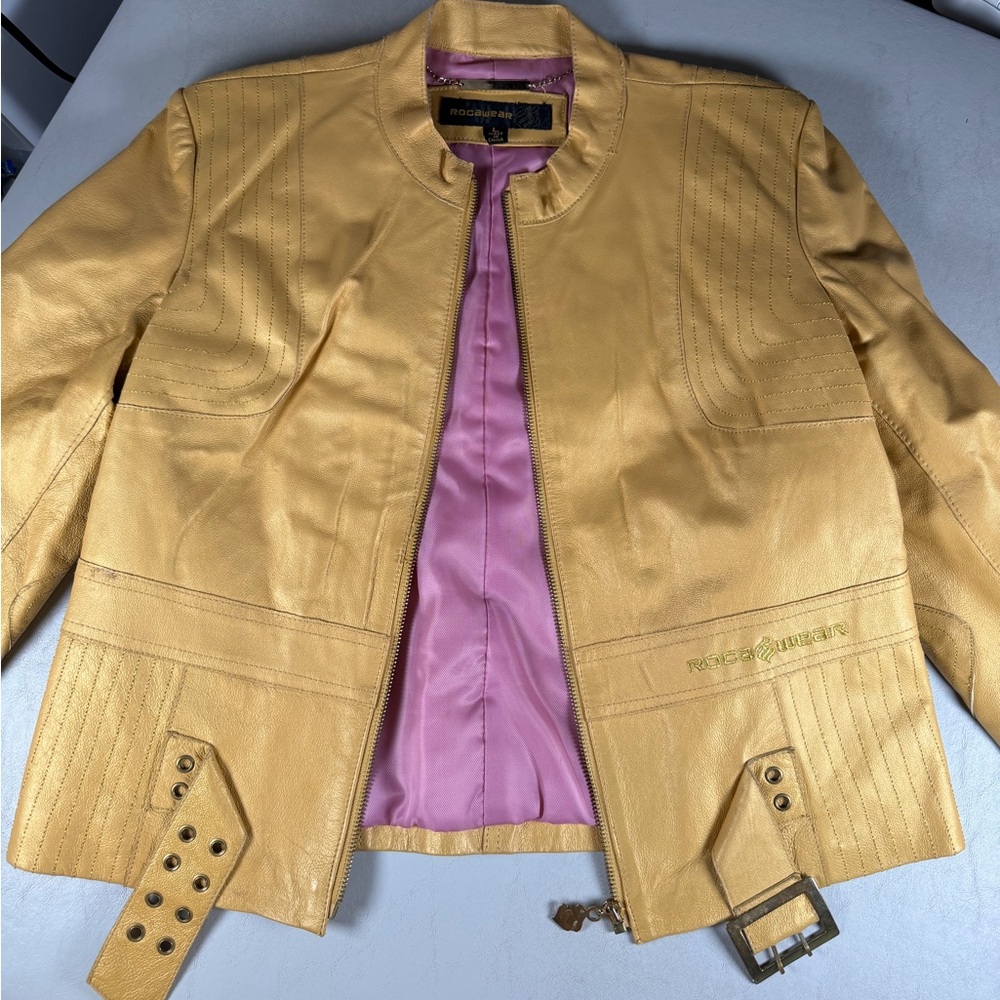 RARE Vintage Rocawear Gold Leather Moto Jacket RW Logo Hardware
